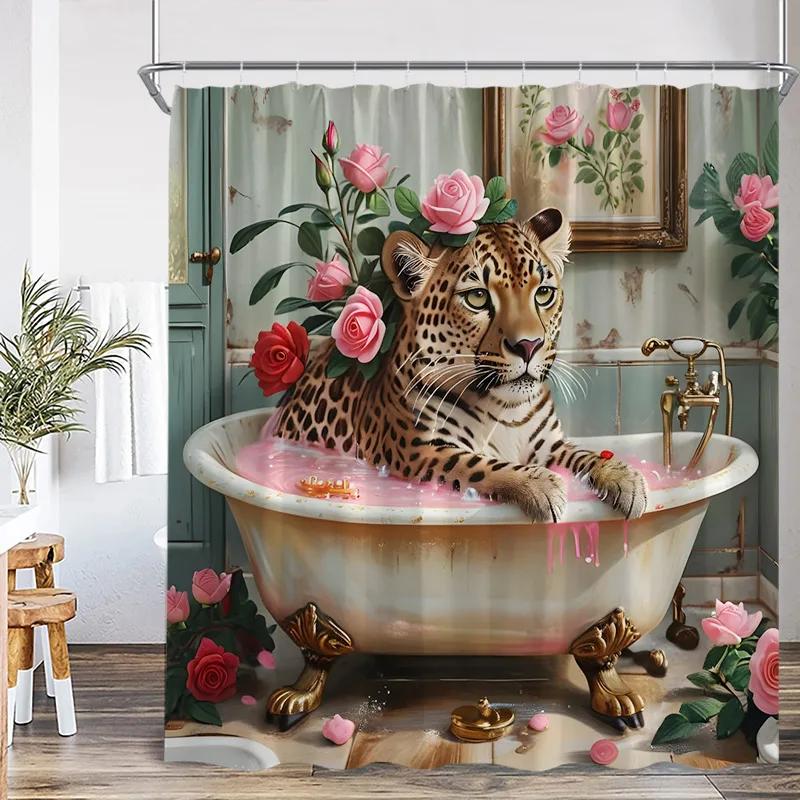 Floral Leopard Shower Curtains Watercolour Jungle Flowers Plants Wild Animal Bath Curtain Fabric Home Bathroom Decor with Hooks