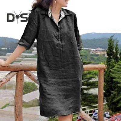 Women Dress Loose Three Quarter Sleeves Solid Color Lapel Knee Length Soft A Line Casual Spring Summer Midi Dress