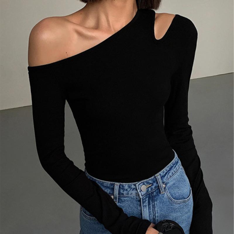 Fashion Black Sexy Skew Collar Base Slim Fit T-shirt for Women Spring and Autumn Long Sleeve Off Shoulder T-shirts Casual Solid Elegant Tee Tops 26444