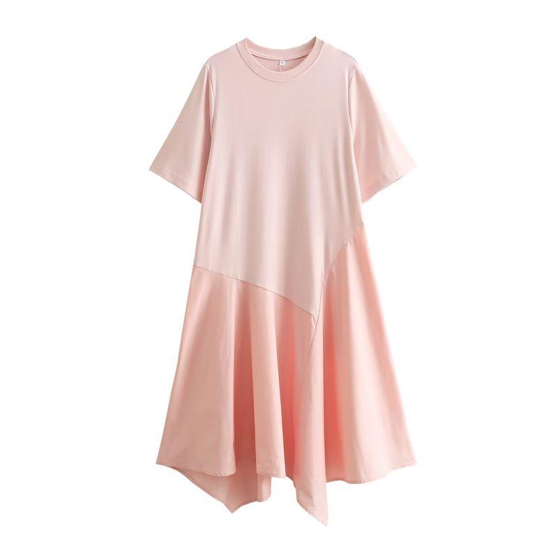 

Kaslead New Arrival Women s Fashion Style Knitting Cotton Patchwork Asymmetric Skirt T-shirt Dress Light pink L