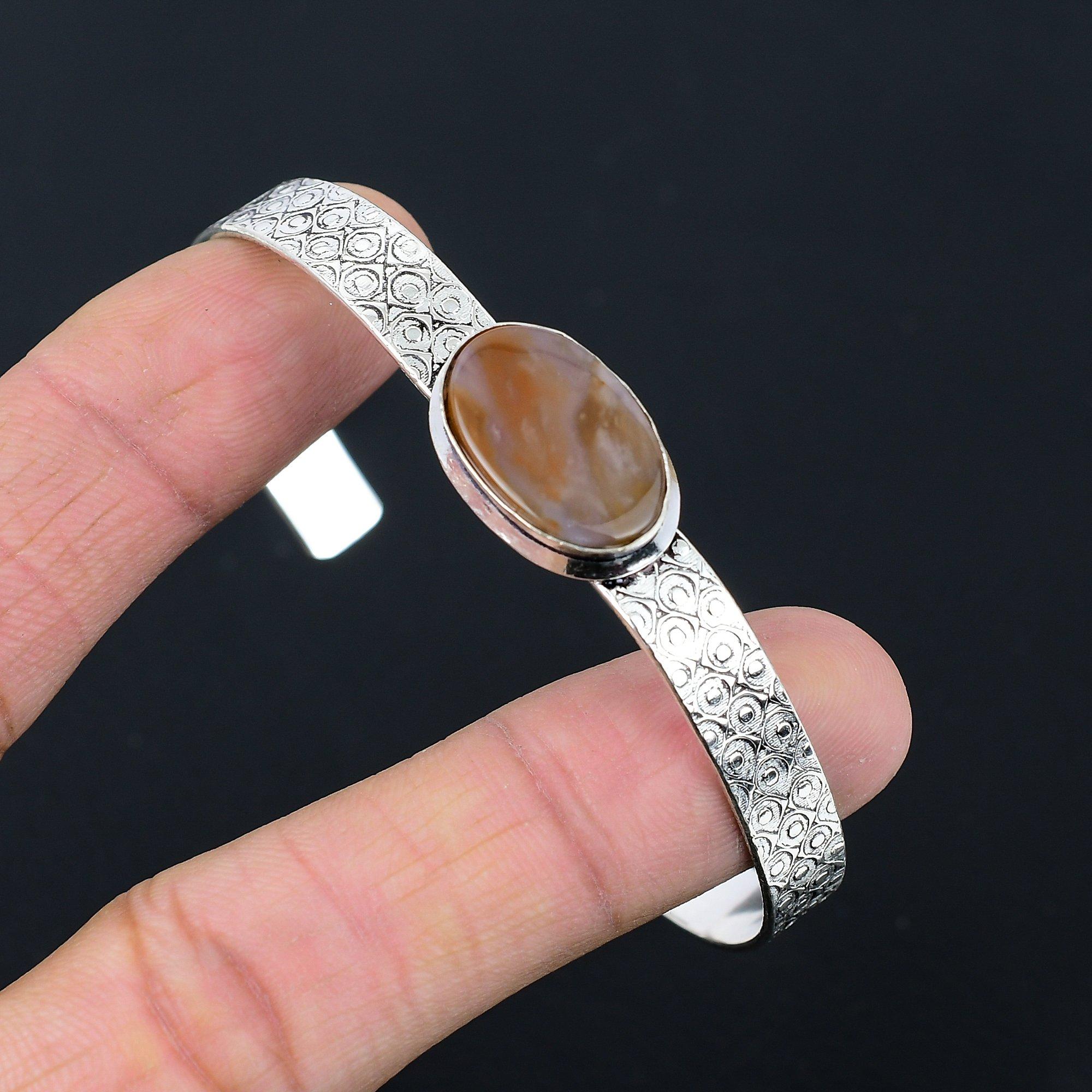 

925 Silver Oval Landscape Jasper Stone Wedding Daughter Trendy Bangle Bracelet Adjustable