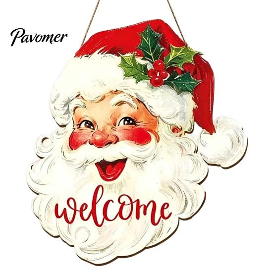Snowman Christmas Plaques Wooden Hanging Sign, 2D Santa Welcome Door Plaque, Xmas Wall Winter Holiday Hangers Ornament, Decor for Front Porch,