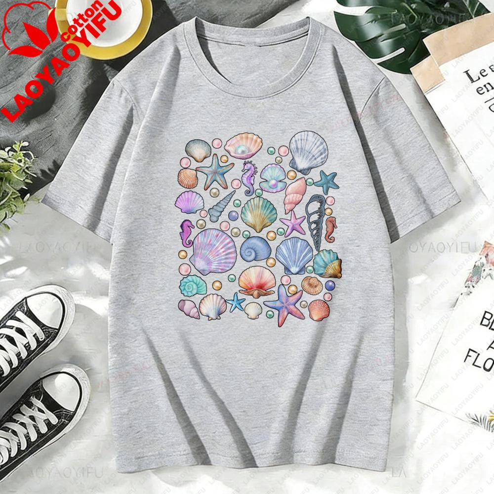 Seashell Pattern Unisex Tshirt Casual Fashion Summer Cotton Short Sleeve Oneck Hot Sale Tops Beach Vacation Clothing Gift Tee
