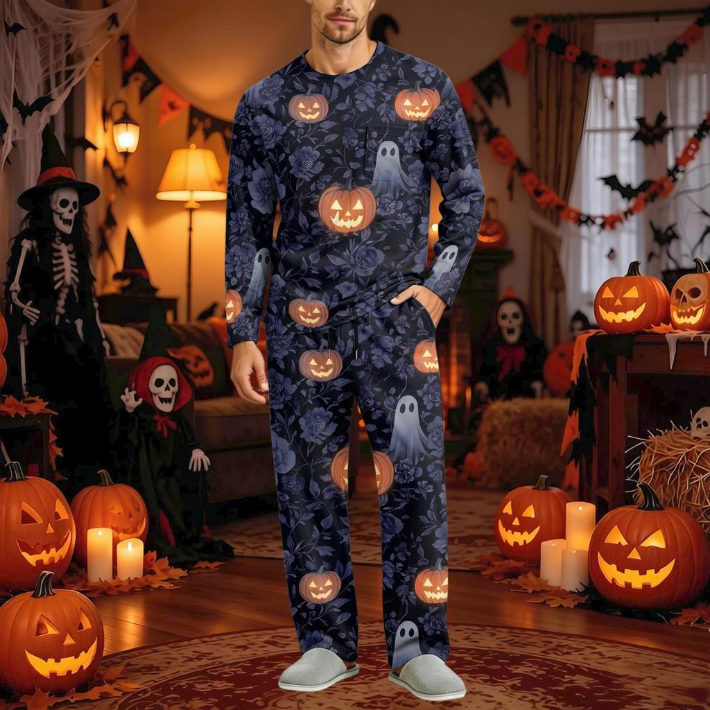 Men's Halloween Pajama Set Long Sleeve Long Pants with Crotch Buttons and Elastic Drawstring Waist