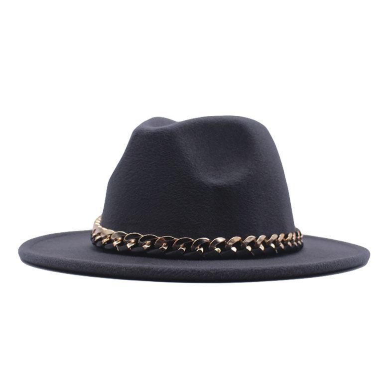 European, American Autumn and Winter British Style Fashionable and Elegant Flat-brimmed Big Eaves Hat Top Hat Men and Women Chain Jazz Woolen Hat