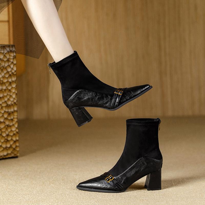 Retro Brown Ankle Boots Women Pointed  High Thick Heels,  Autumn Winter New Collection, Patchwork Elastic Slim Boots