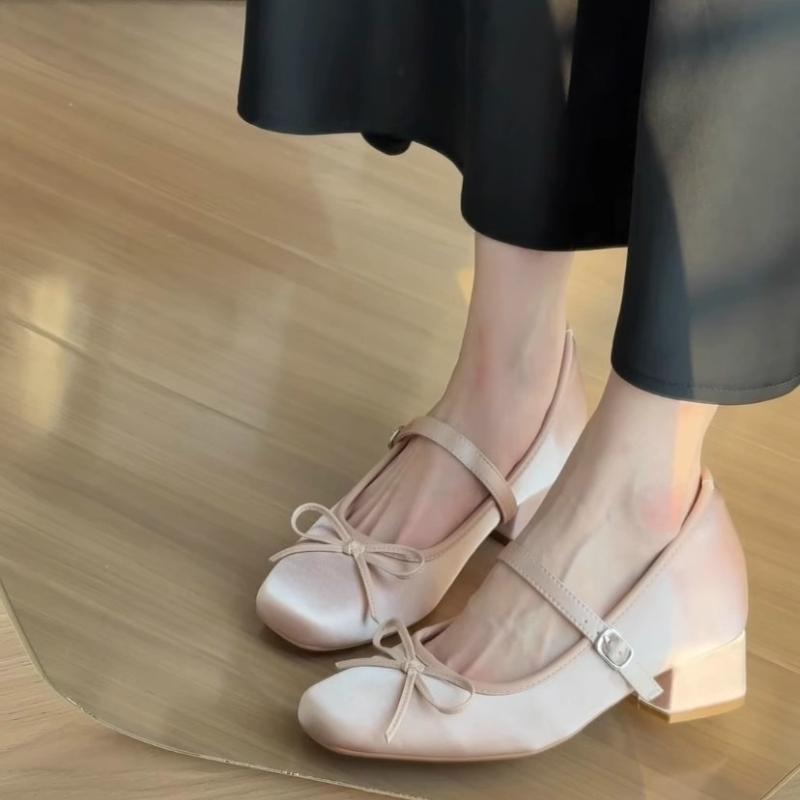 Fashion Square Heel Loafers Mid Heel Butterfly-knot Ladies Shoes 2025 New Hot Sale Solid Square Toe Buckle Strap Sweet Women's Shoes