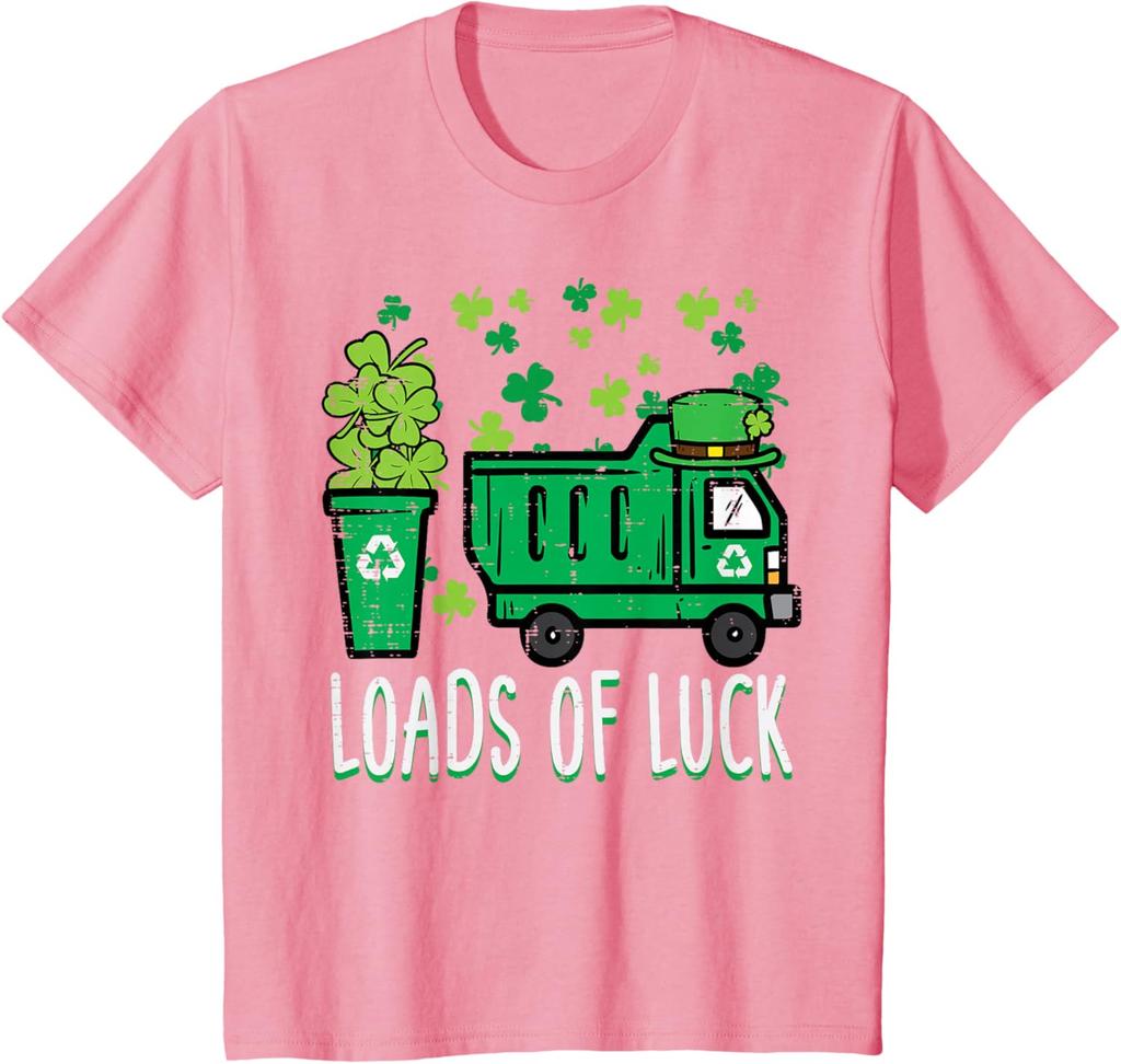Garbage Truck Loads Of Luck St Patricks Day Graphic Tee Recycle Theme Short Sleeve T-Shirt