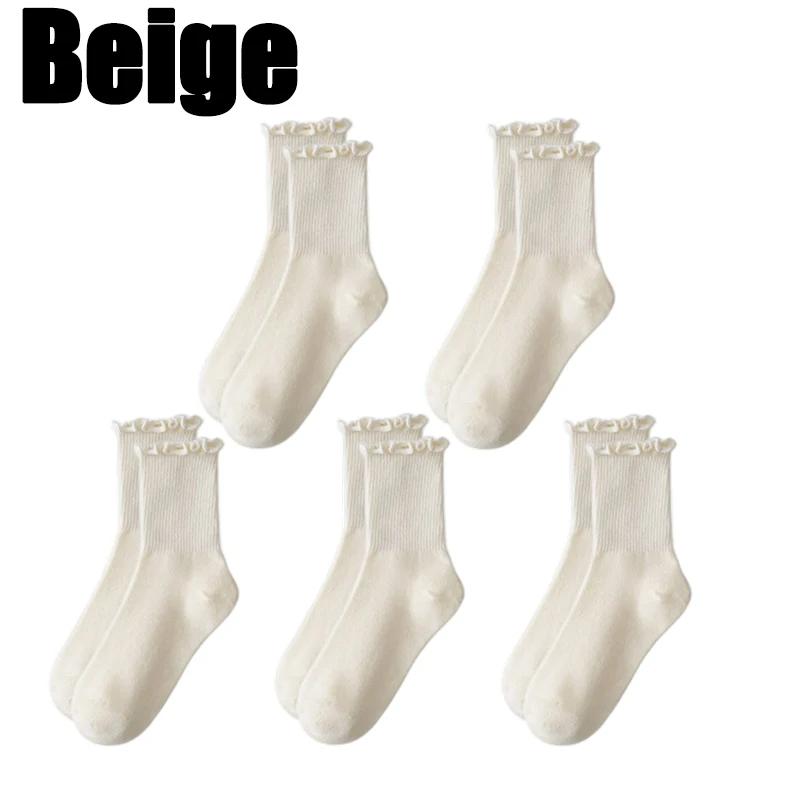 5pairs Korean Lolita JK Ruffle Cotton Socks for Women Middle Tube Ankle Soft Breathable Hosiery Black White Autumn Kawaii Socks