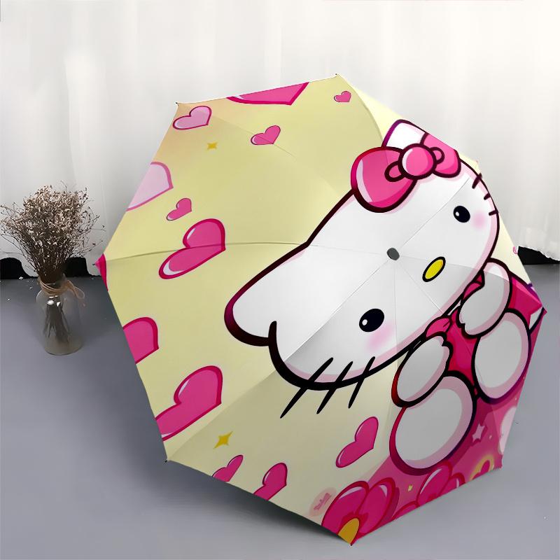 Hello Kitty,Hearts Automatic Folding Umbrella-Simple 8-Rib Design, Bright Cartoon Pattern, Durable Iron Frame, Suitable For Travel, Outdoor,