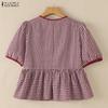 ZANZEA Women Plaid Print Casual Round Neck Short Sleeve Blouse