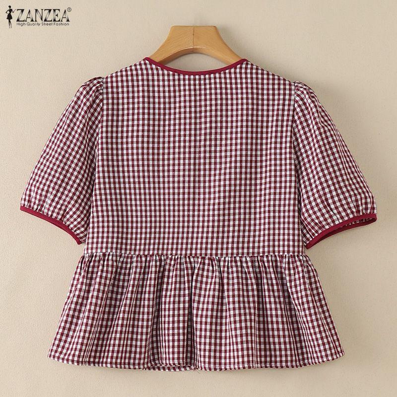 ZANZEA Women Plaid Print Casual Round Neck Short Sleeve Blouse