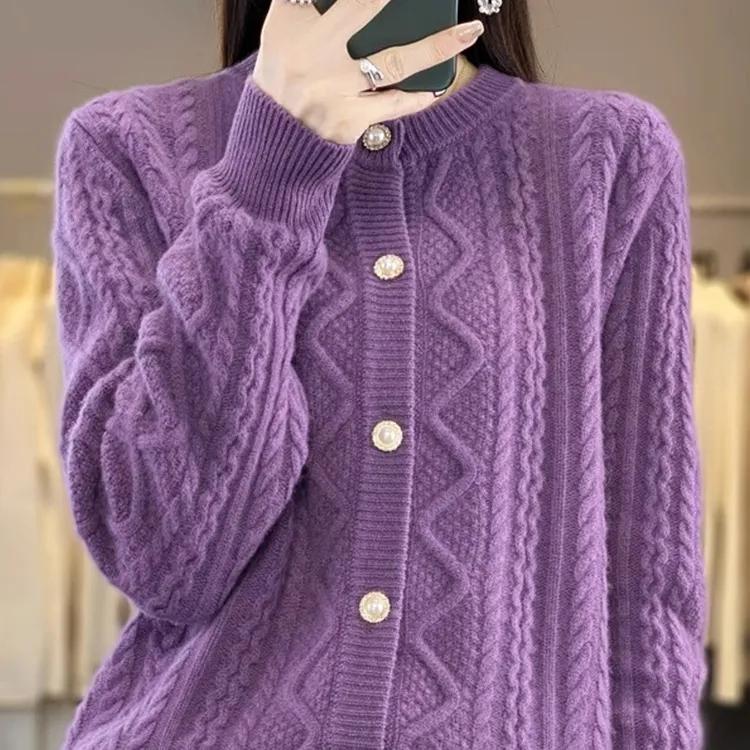 Women's Autumn/Winter Crew Neck Long Sleeve Knit Cardigan Solid Color Soft-Tone Button-Front Sweater
