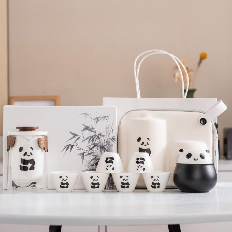 Panda Merchandise Travel Tea Set a Pot of Three Four Six Cups Suet Jade Porcelain High-end Corporate Business Gift Set