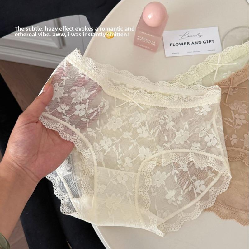 Ladies Summer Thin Sexy Jacquard Lace Mesh Breathable Antibacterial Waist Not Hip Briefs