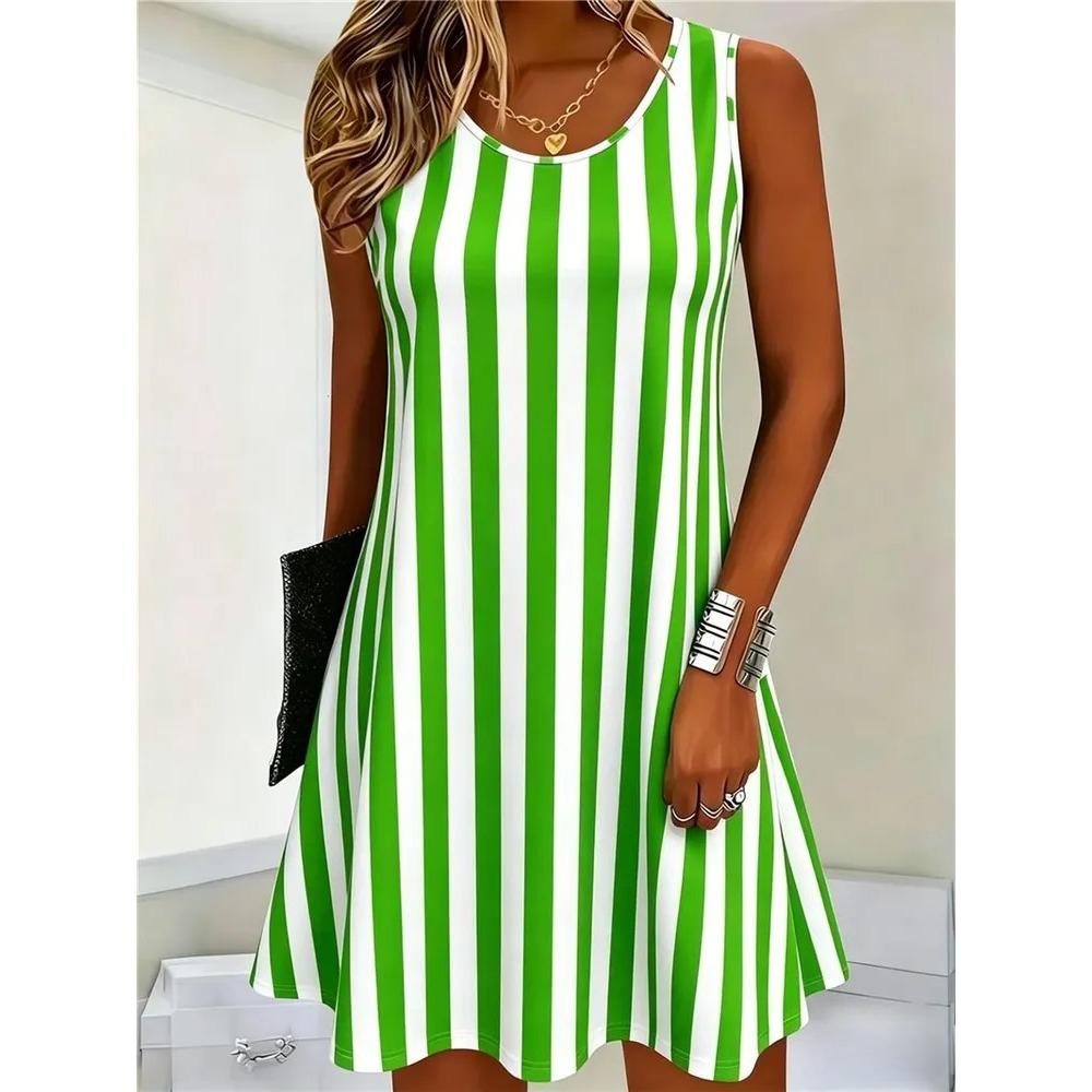 Sommer Damen Rundhals Ärmelloses Kleid Kreatives Streifenmuster 3D Übergröße Urlaubs Kleid Modisch Bequem Weich Atmungsaktiv Minikleid