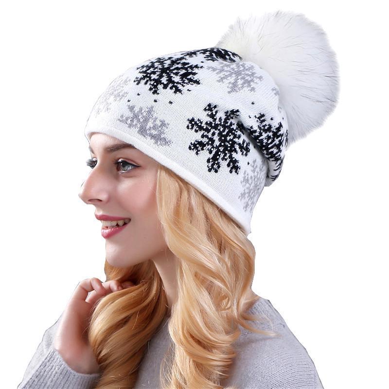 Women's Wool & Rabbit Hair Blend Snowflake Pullover Hat with 15CM Genuine Raccoon Fur Pom Pom