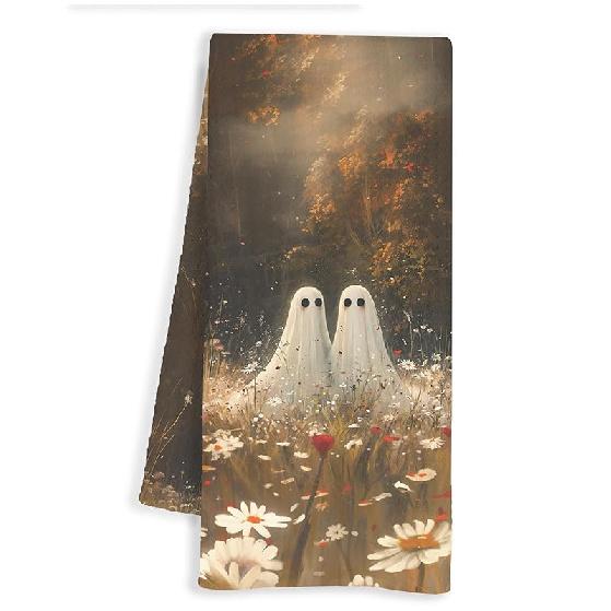 Ghost Halloween Kitchen Towels, Ghost Fall Floral Dish Tea Hand Towels for Kitchen, Fall Halloween Decorative Hand Towel for Bathroom Washroom, 16x24 Ghost Couple 2