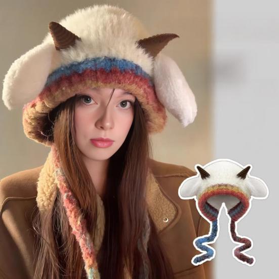 Knitting Hat Windproof Warm Solid Color Elastic Thermal Lamb Ear Design Winter Hat Cold Weather Headwear