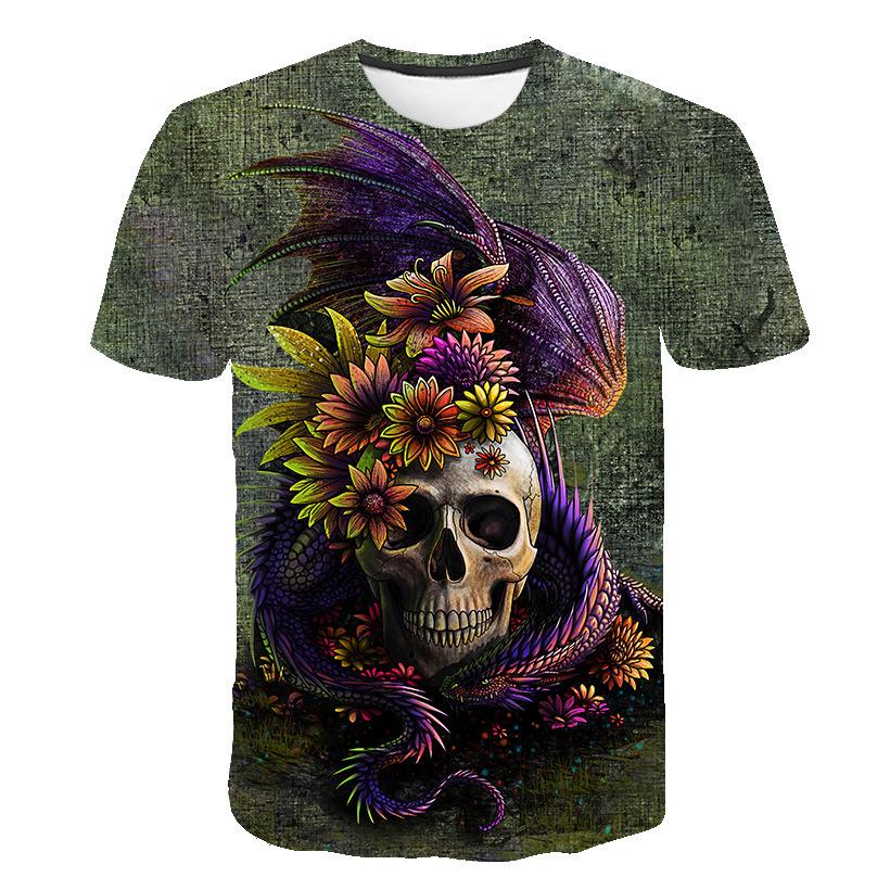 T-shirt col rond pour hommes, impression numérique 3D, motif tête de squelette, été, grande taille