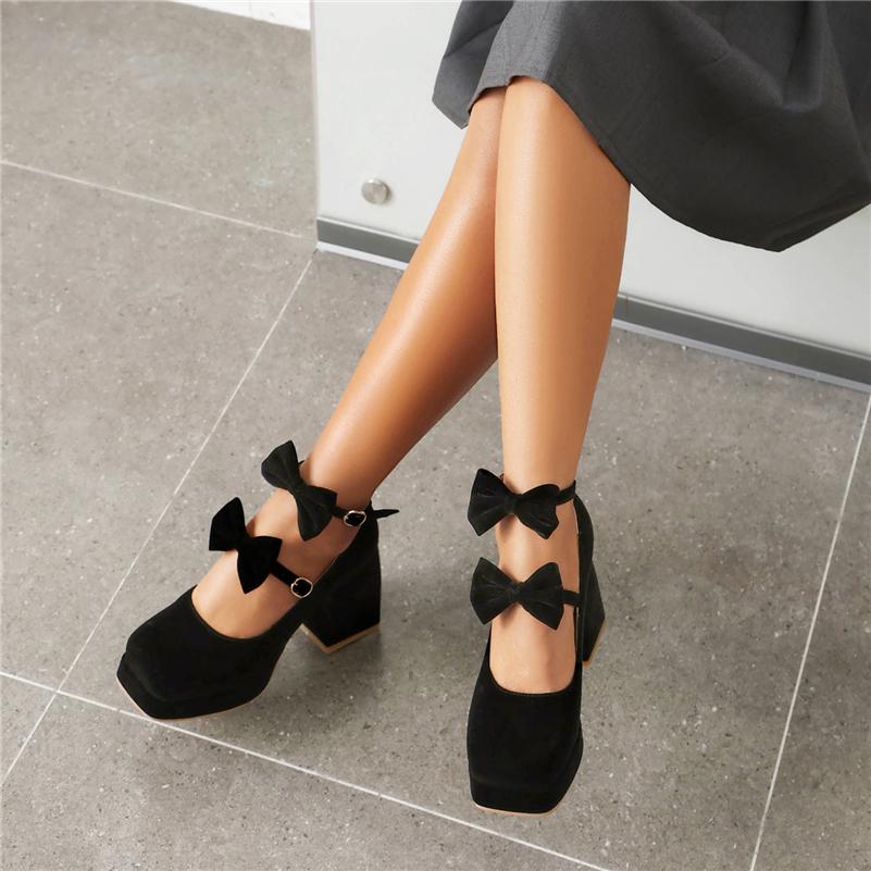 Women Mary Janes Pumps Square Toe Thick High Heels Platform Buckle Bow Glove Shoes Ladies Fashion Shoes Spring Autumn 46