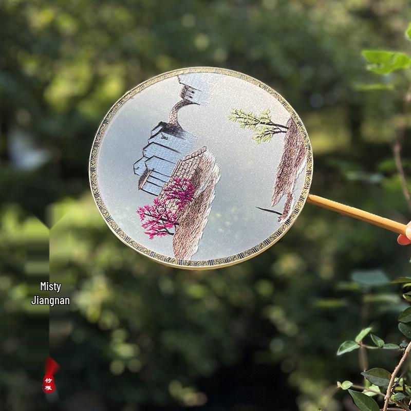 Ventaglio da Palazzo di Suzhou Ricamato su Entrambi i Lati in Stile Antico con Nappa - Ventaglio Rotondo di Bellezza Hanfu Cinese Fatto a Mano