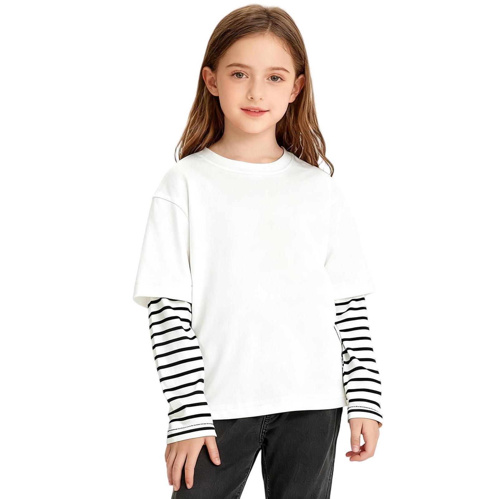 Children s Leisure Long-sleeved Striped Faux Two-piece Headwear Top 110 белый