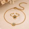 2 Pcs/Set Blue Zircon Small Flower Stainless Steel Ring Bracelet Set For Women Gold Color Jewelry Sets Wedding Accessories Gift