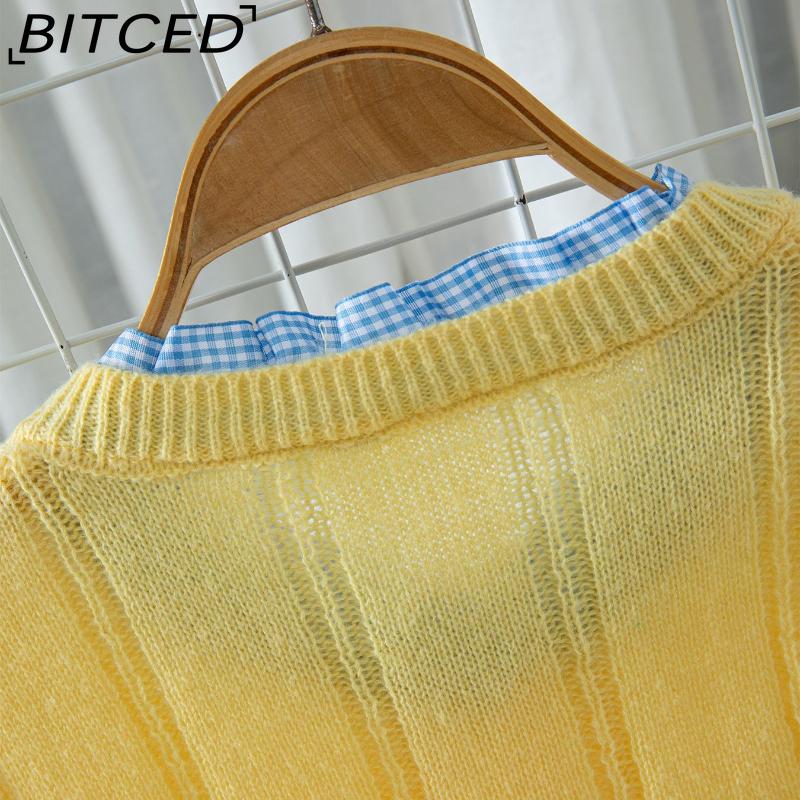 BITCED Women's Knit Cardigan Sweater - Autumn Ruffled Patchwork Slim-Fit Cropped Top Outerwear Cardigan