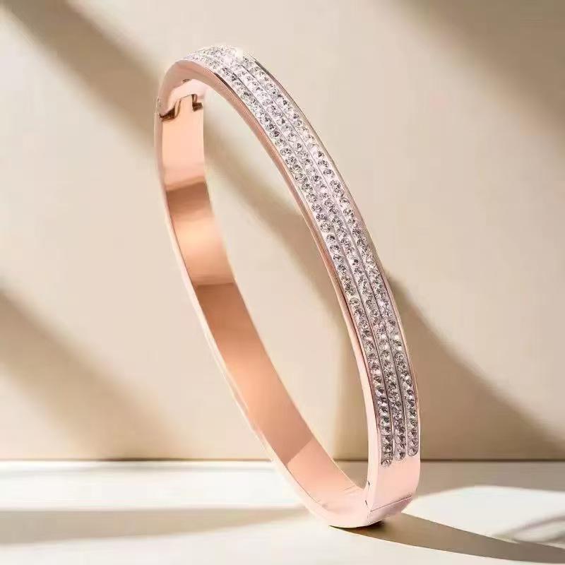 European & American Titanium Steel Hollow Electroplated Bangle with Diamonds - Versatile Stainless Steel Women's Fashion Jewelry
