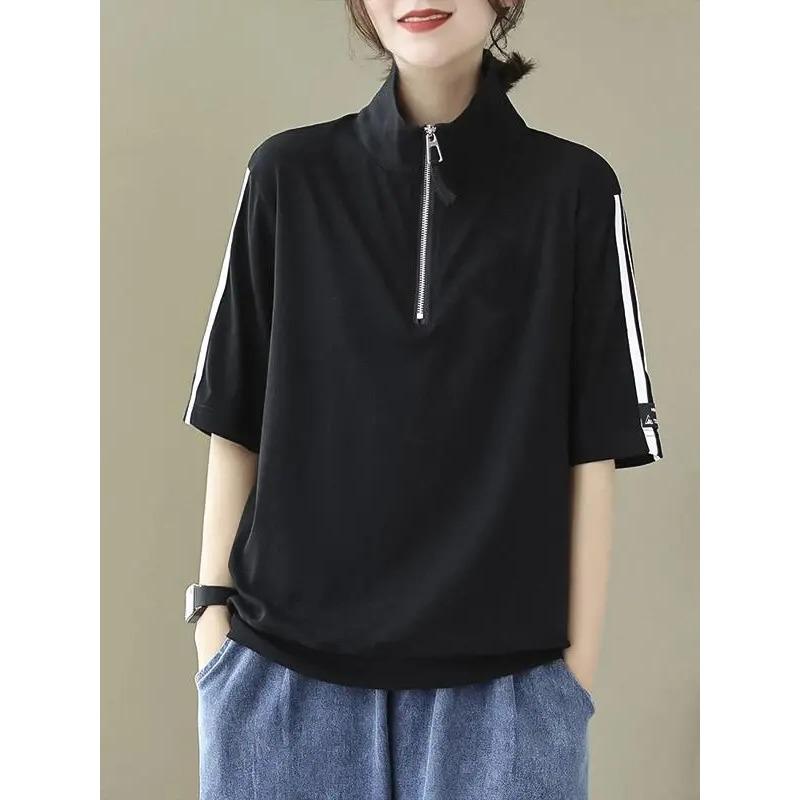 Women's Pure Cotton Short-sleeved T-shirt Zipper Stand Collar Two Stripes Loose Version Belly Cover Top Trendy Plus Size Women's Clothing