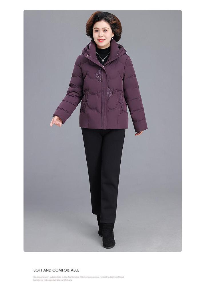 Warme Kapuzen-Daunenjacke für Damen 2025: Neue Stil Stickerei Baumwolle Winter Oberbekleidung für Mütter mittleren und höheren Alters.