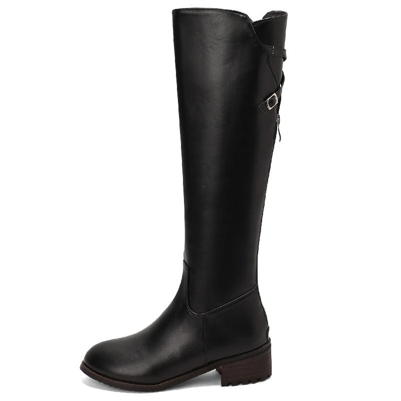 Vintage Knee High Boots Women Black PU Leather Low Heels Buckle Riding Boot Female Winter Shoes Ladies Large Size 48 Brand