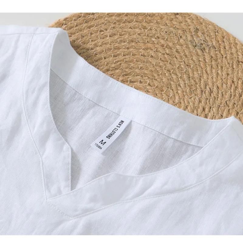 Summer 100% Natural Linens Tees Men Chinese Style Retro Clothes Solid Color Stand Collar V-Neck Short Sleeves Tops&T-shirts Casual Breathable Tshirt