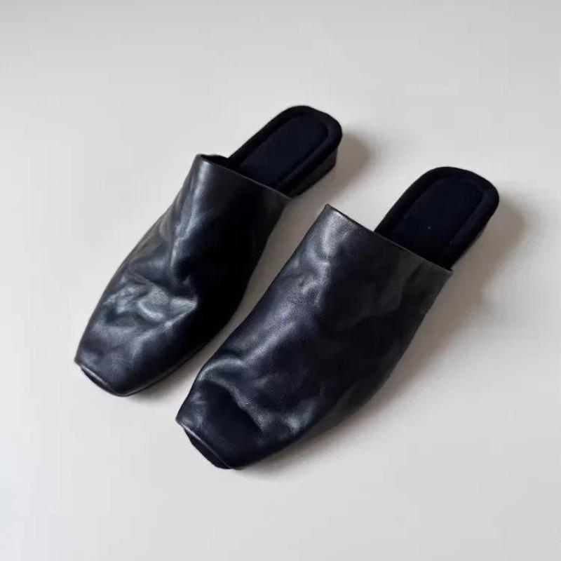 Retro Square Head Slip-On Mules Women's Summer Outdoor Wear French Casual Flat Head Sandals New 2025 Fashion Rubber Upgraded Ver