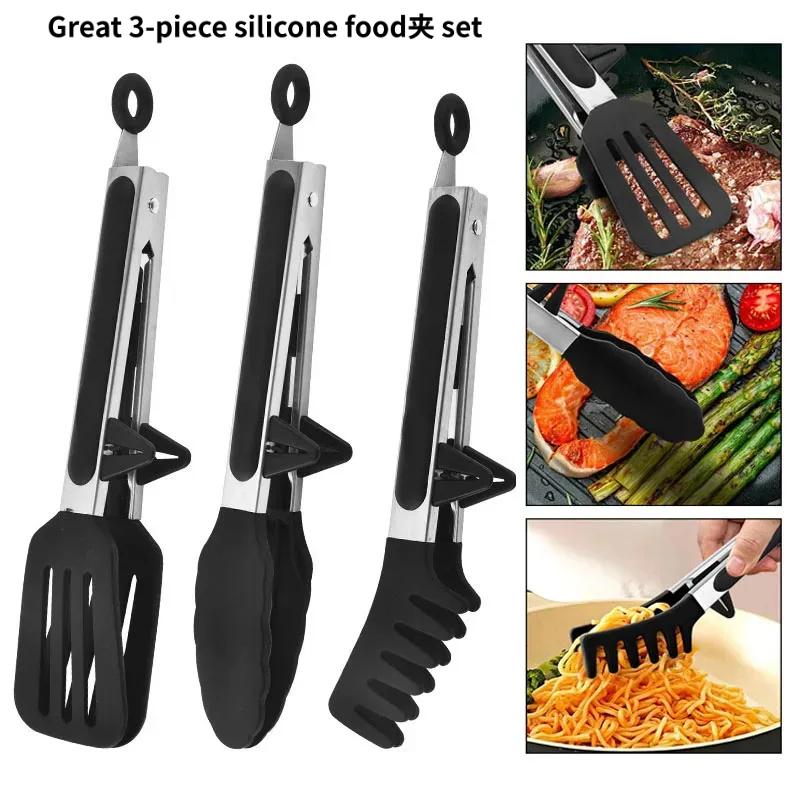Premium 3-in-1 Silicone Food Tongs - 480°F Heat Resistant Stainless Steel Kitchen Clips for BBQ & Baking
