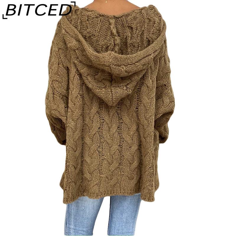 BITCED Fall/Winter Solid Color Cable-Knit Hoodie Sweatshirt for Women