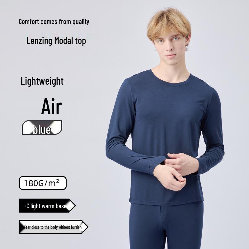 Men's Modal Thermal Set: Thin Base Layer with Round Neck Top & Trousers for Autumn/Winter