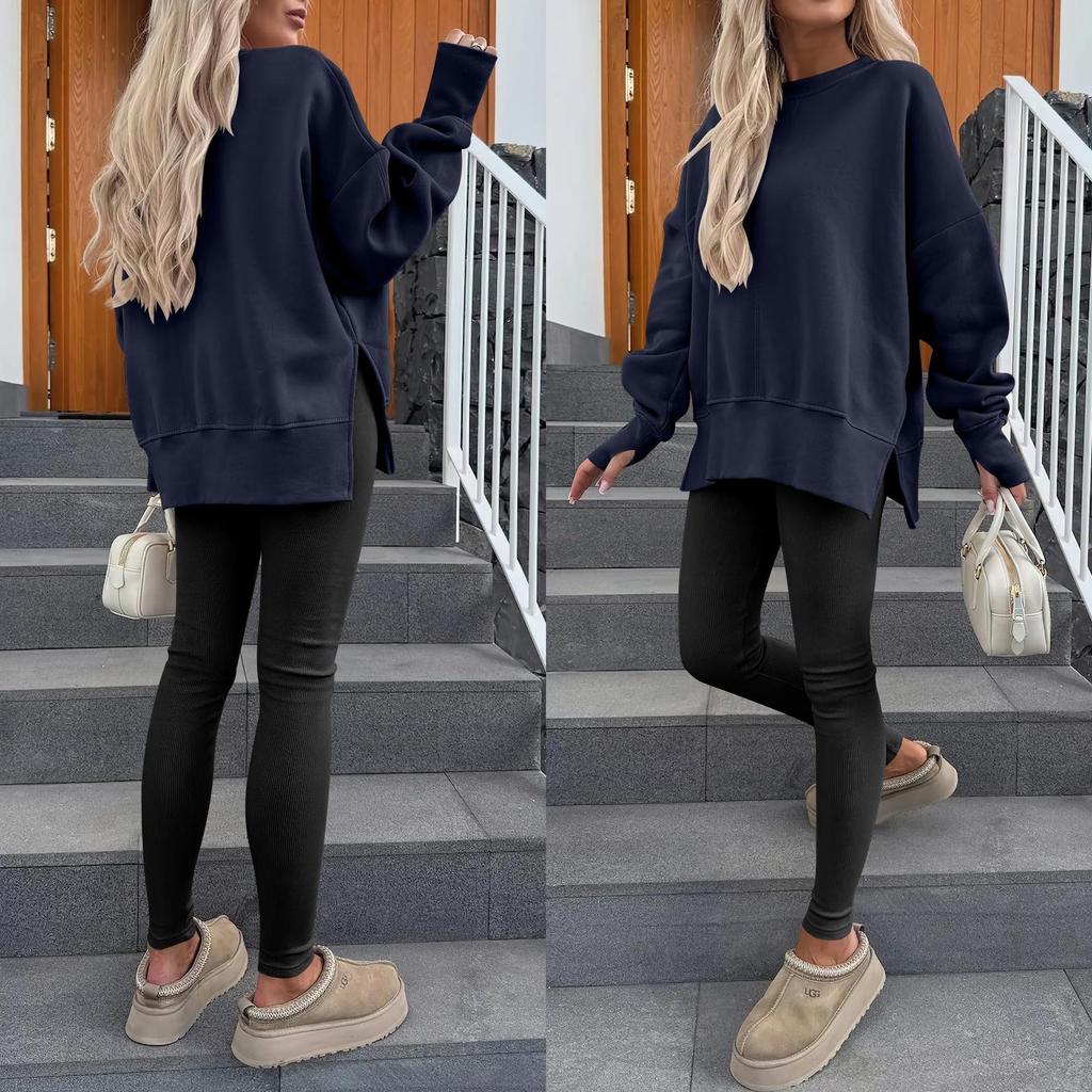 Autumn Winter Women's Split Hem Sweatshirt, Round Neck Long Sleeve Layering Top with Solid Color Design, Casual Basic Loungewear for Daily Wear