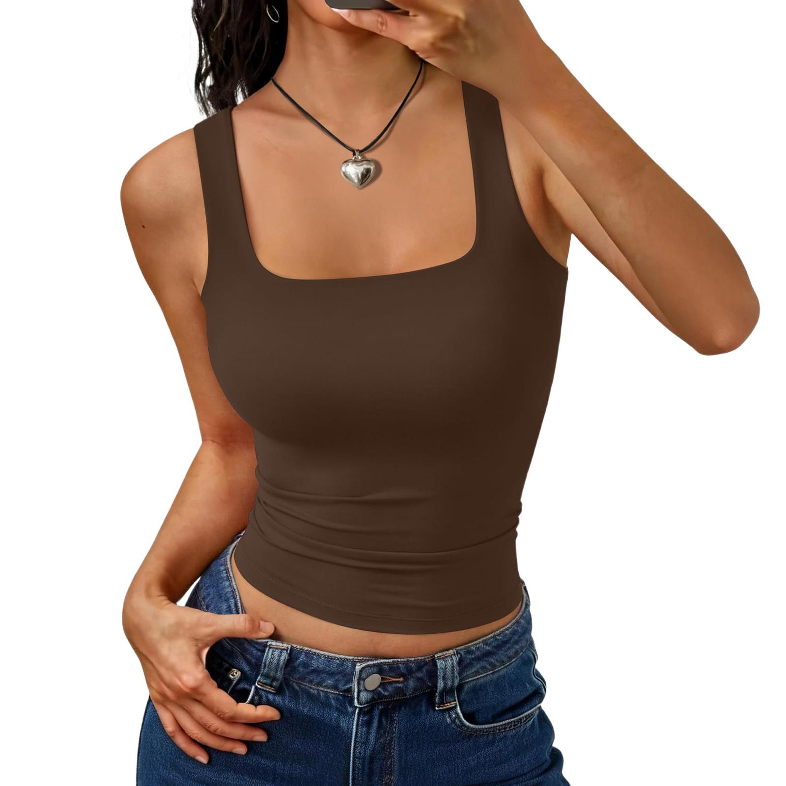 Women s Fashion Basic Square Neck Sleeveless Top XL кофейный