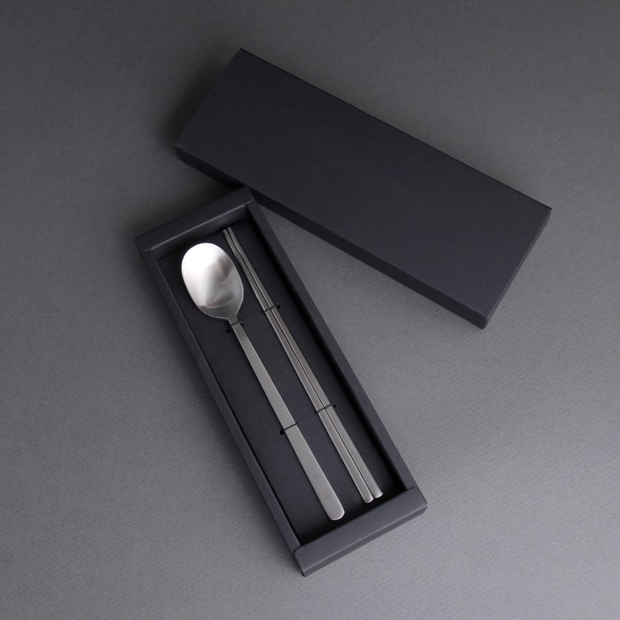 Square Silver STS304 Korean Sujeo Cutlery Set | 1-Person Spoon & Chopsticks with Black Gift Case