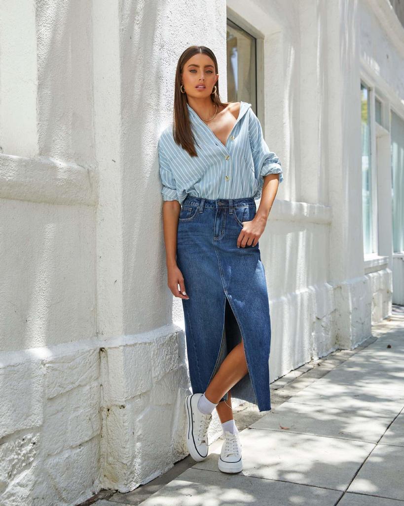 2024 Women's High Waist Washed Denim A-line Midi Skirt In European and American Style