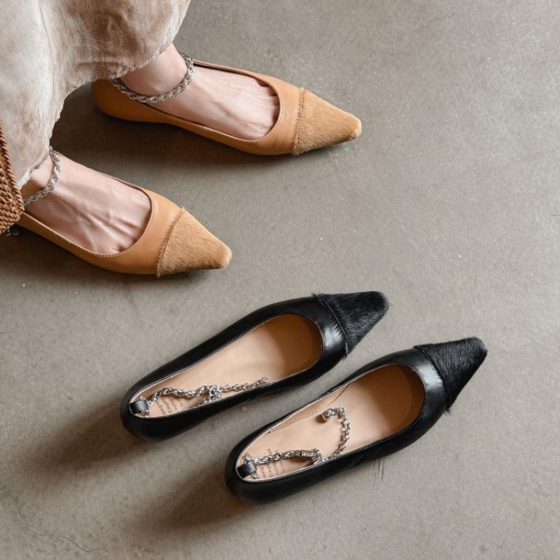 New solid color leather single shoes, four seasons women's fashion single shoes, pointed non-slip beef tendon sole, large size low heel small le