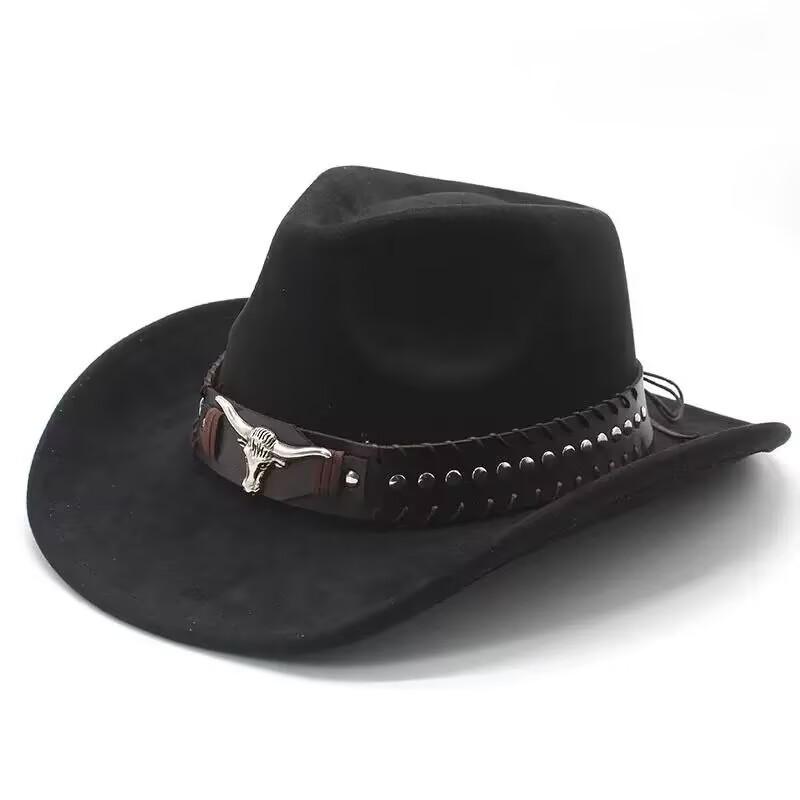 Bull Head Belt Rivet Jazz Hat Men's and Women's Spring and Autumn Outdoor Travel Sunshade Top Hat Big Edge Suede Western Cowboy Hat