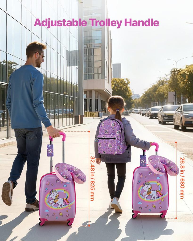 Kids Luggage Set, 5 Piece, 45.7 Cm Hardside Rolling Wheels Suitcase with Backpack & U-shape Pillow, Unicorn Kids Carry On Luggage Set, Holiday