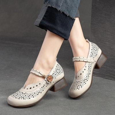 Hollow Breathable Women Sandals Genuine Leather Retro Med Heels Pumps Comfortable Round Toe Shoes