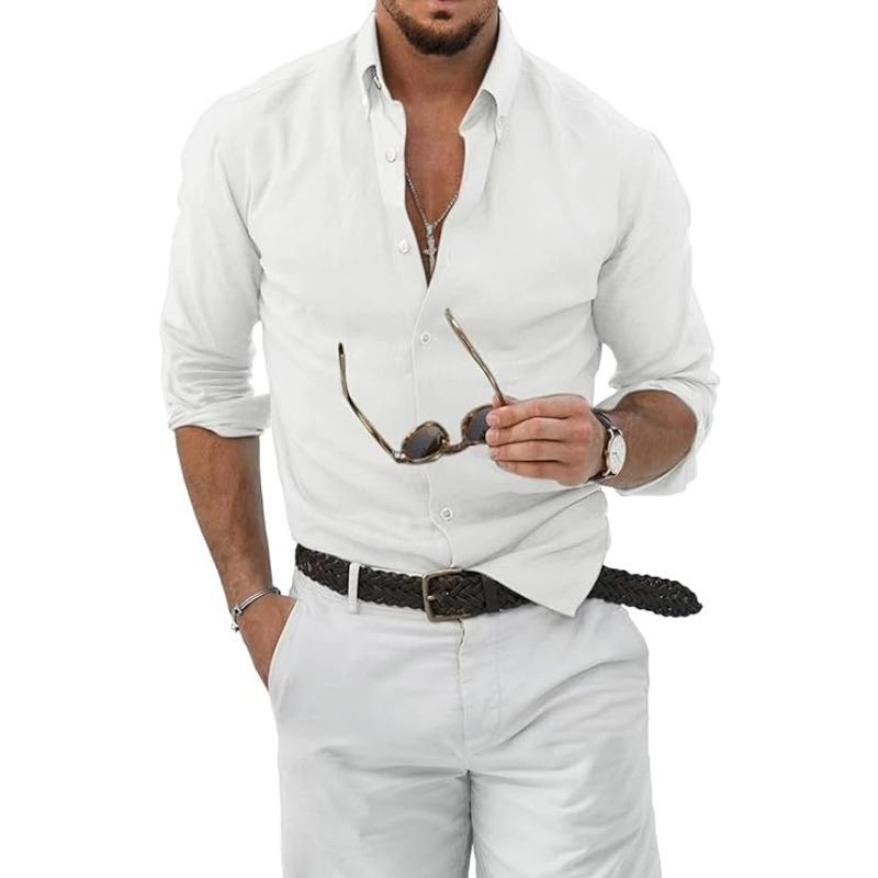 

Мужская хлопково-льняная рубашка на пуговицах однотонная повседневная модная с длинным рукавом деловая рубашка XXXL белый