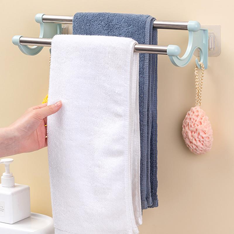 Stainless Steel Double Towel Holder No Need Perforated Rack Bathroom Kitchen Wall-Mounted Towel Rack Holder Bathroom Accessories