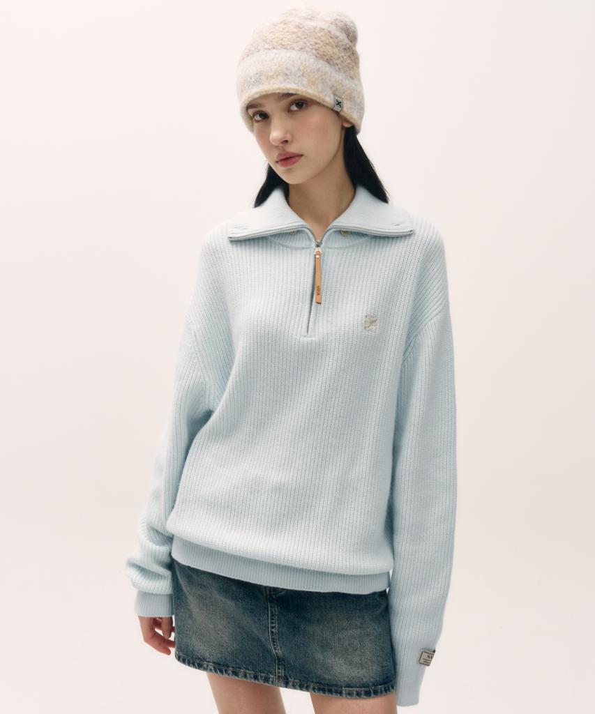 Seteo Button-Up Sailor Half Knit Zip-Up Light Blue