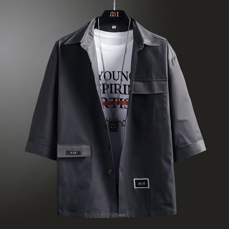 

Мужская рубашка с рукавом 7/8, японская трендовая рабочая одежда, повседневная, в корейском стиле, модная, универсальная, тонкий кардиган XXXL чёрный